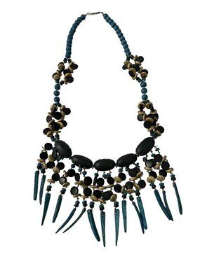 Boho Statement Necklace Wood Bead Fringe Bib Necklace Blue Black Gold Tone 20”